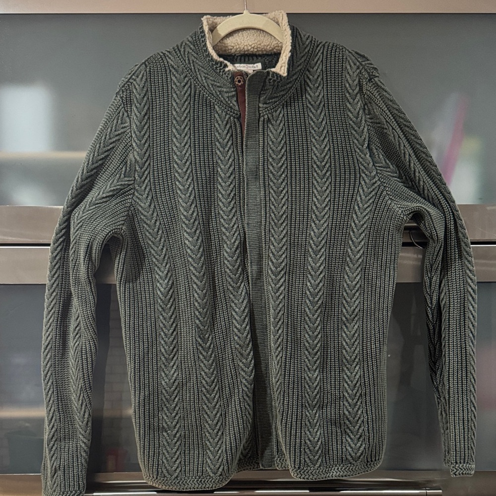 Carbon2Cobalt Olive Cable Knit Sherpa Collar Zip Cardigan Jacket Size L - Picture 3 of 7